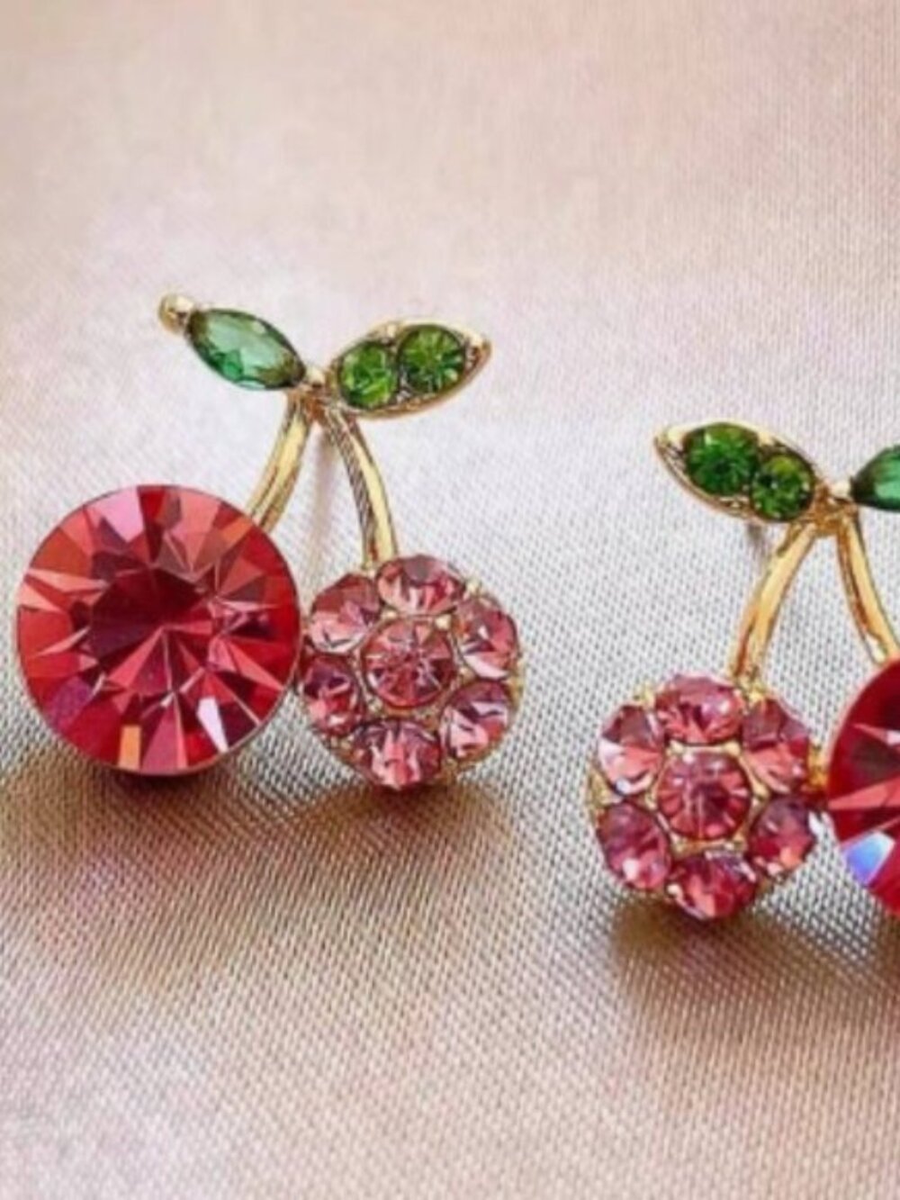 NEW Cherry Rhinestone Stud Earrings Pink Red Crystal Gold Cute Y2K!!